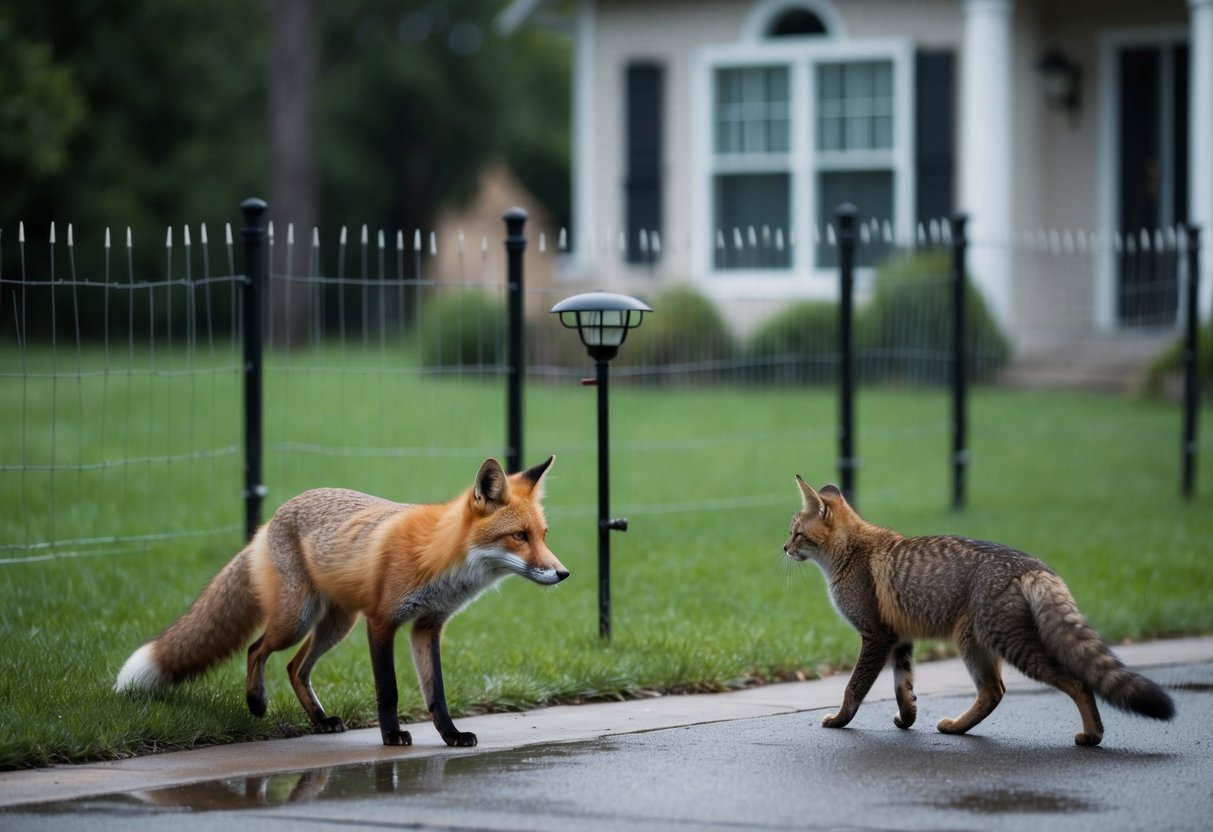 A fox and a cat are seen approaching a house. A fence with spikes and a motion-activated sprinkler system surrounds the property