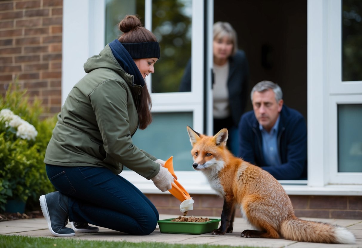 A person placing food outside for foxes, with a concerned neighbor looking on from a nearby window