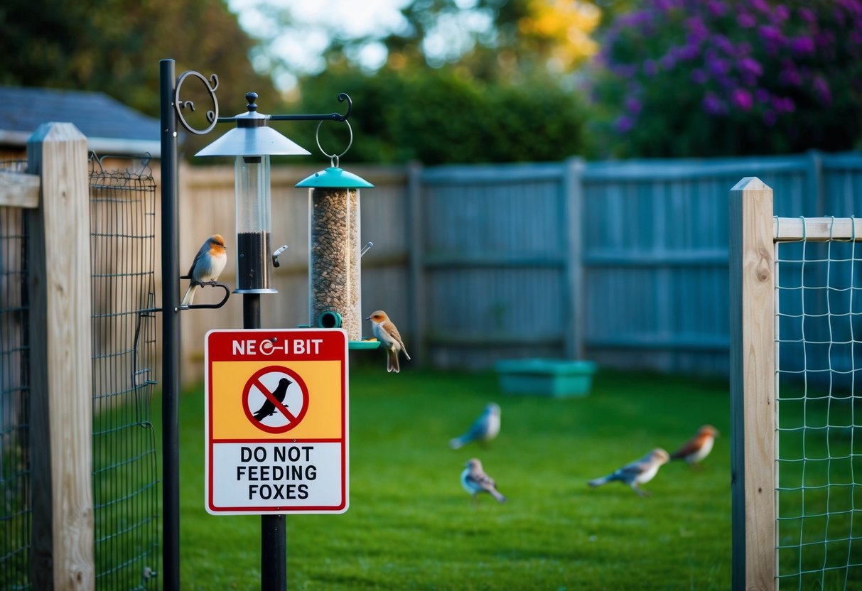 A backyard with a fence, bird feeders, and a sign prohibiting feeding foxes