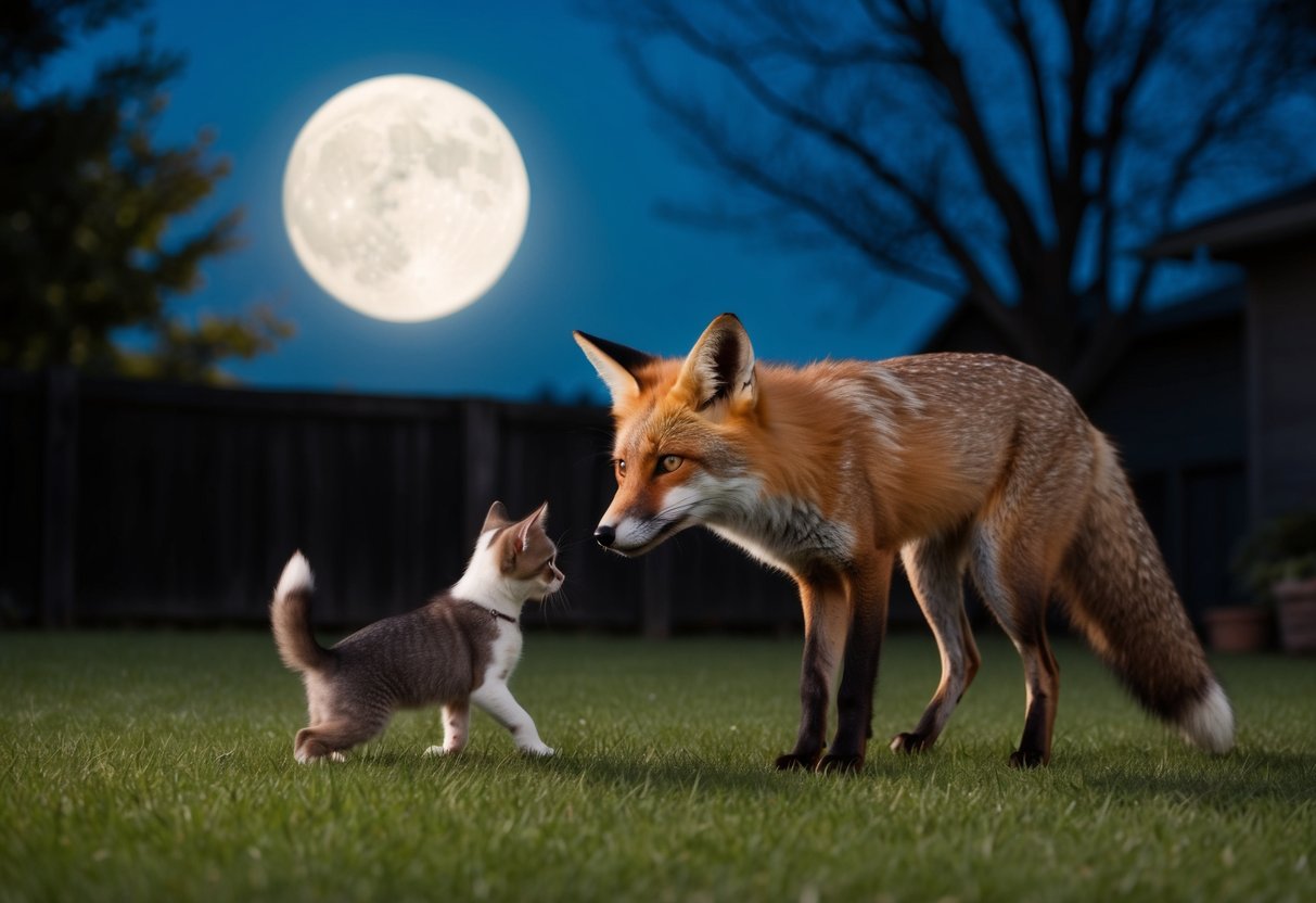 A fox stalks a small dog or cat in a moonlit backyard