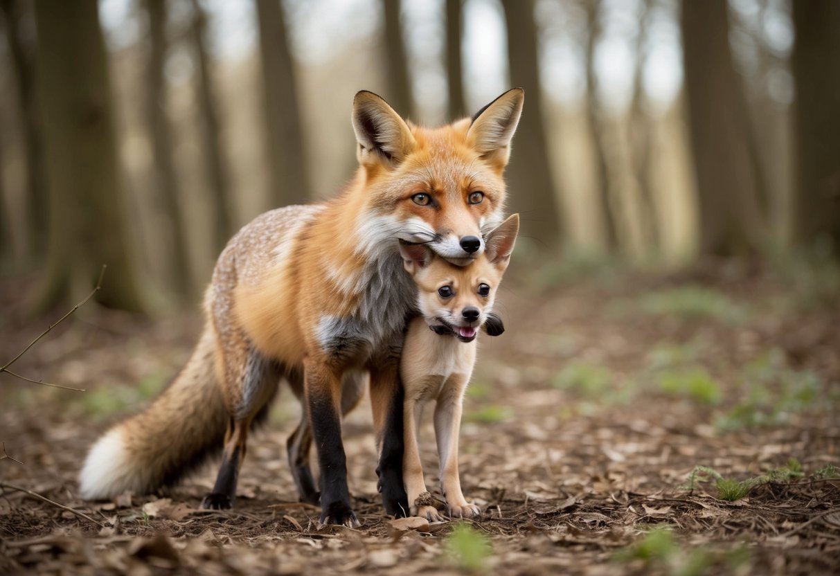 A fox with a small dog or cat in its mouth, surrounded by woodland