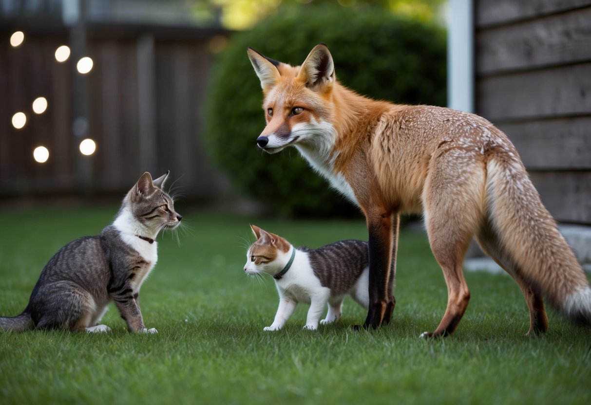 A fox stands in a backyard, eyeing a small dog and cat cautiously