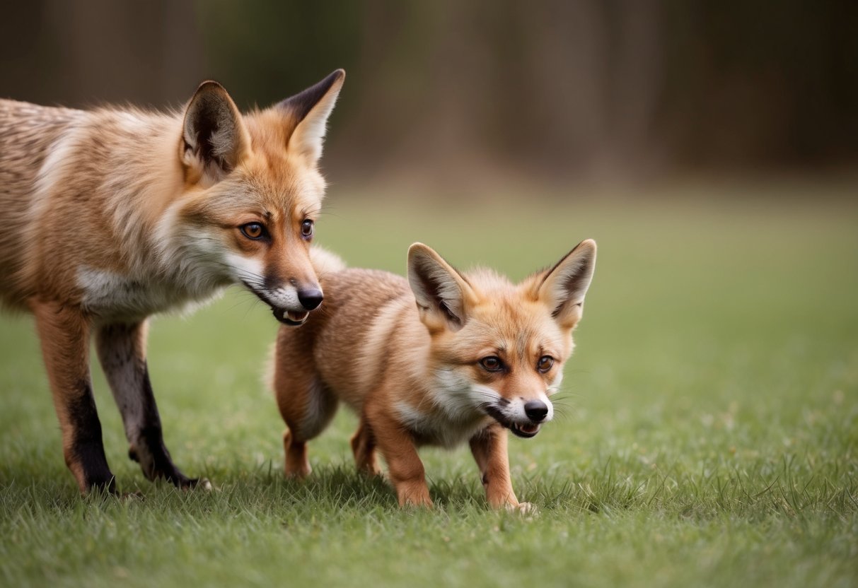 A small dog cowers as a fox lurks nearby, eyeing it hungrily