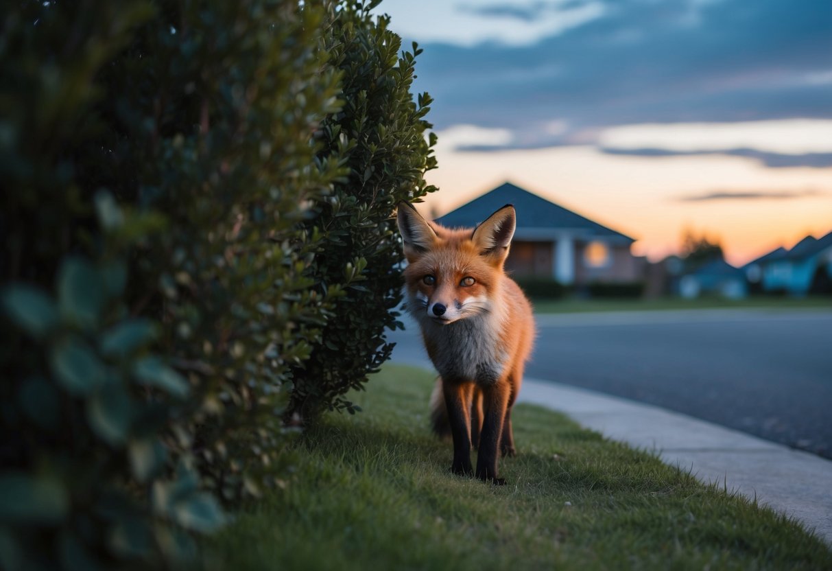 A fox lurks near a suburban home, peering through the bushes at dusk