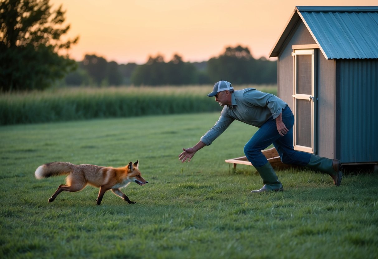 A farmer chasing a fox away from a chicken coop at dusk