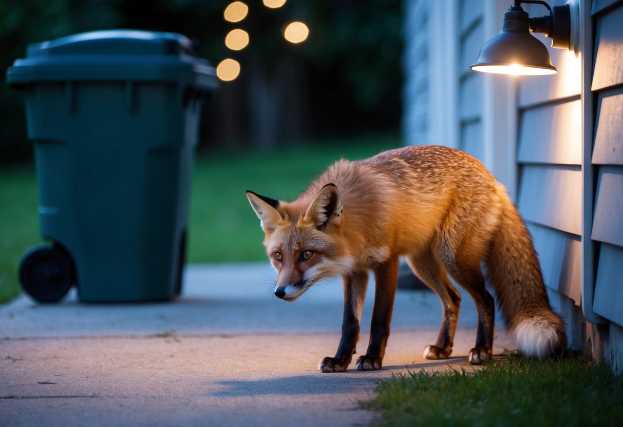 A fox lurks near a trash bin, eyes fixed on a house. Flickering porch light illuminates its cautious stance