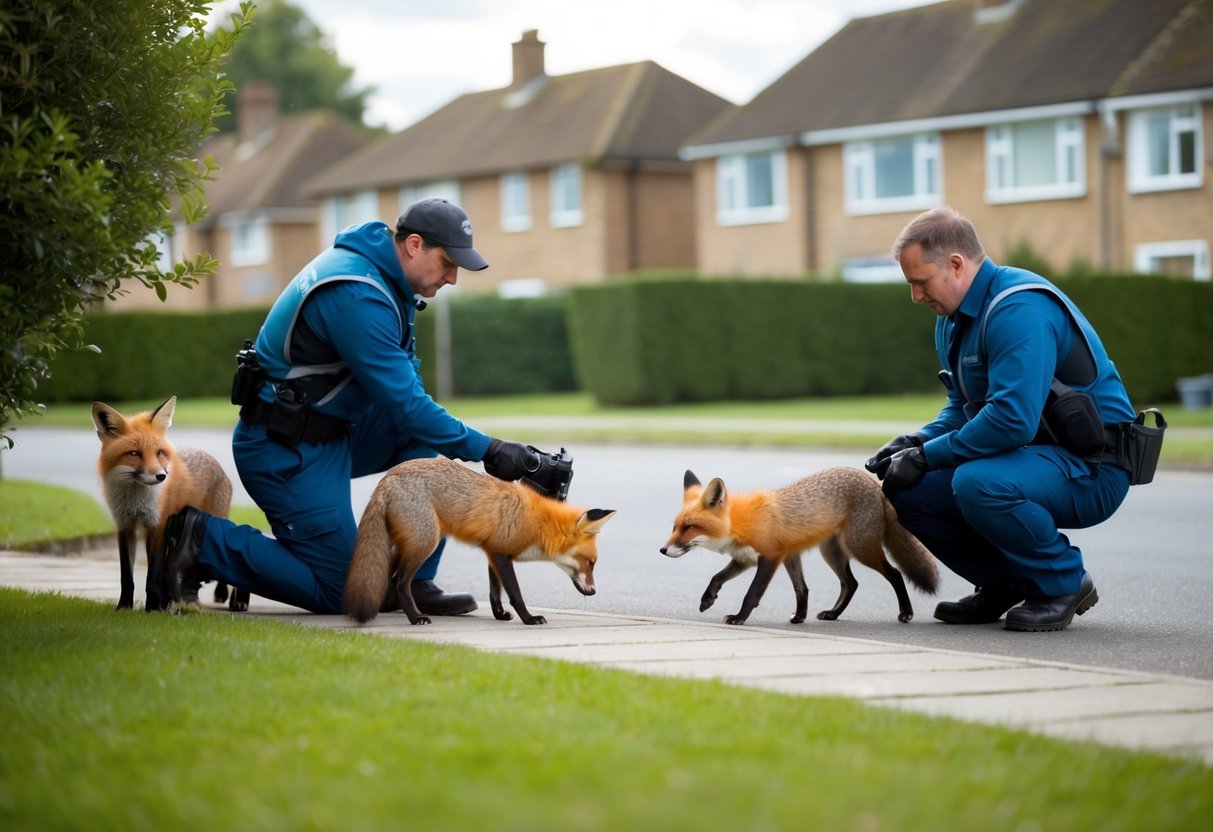 A professional wildlife removal team capturing foxes in a residential area of the UK