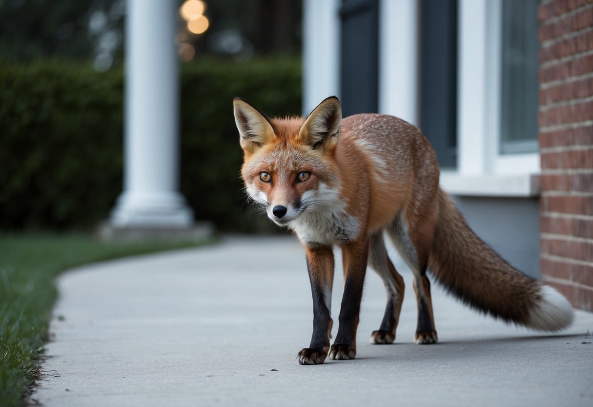 A sleek fox lurks near a well-lit house, its eyes fixed on the surroundings, tail twitching with anticipation