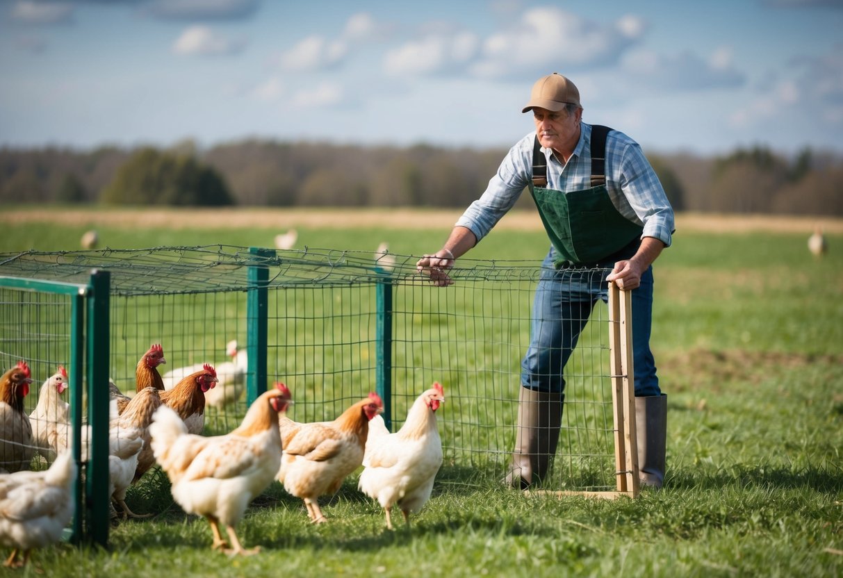 A farmer setting up a sturdy wire fence around a chicken coop, with a stern expression as they survey the surrounding fields for signs of fox activity