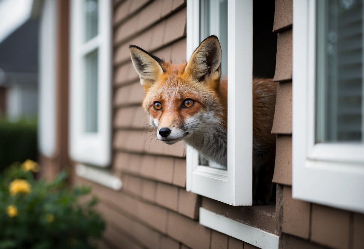 A curious fox peers around a corner of the house, its bright eyes focused on something unseen
