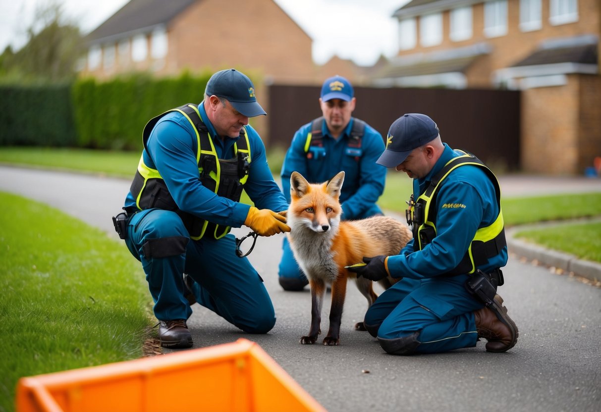 A professional wildlife removal team capturing a fox in a residential area in the UK