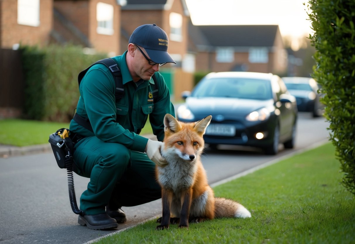 A professional wildlife removal expert safely relocates a fox from a residential area in the UK