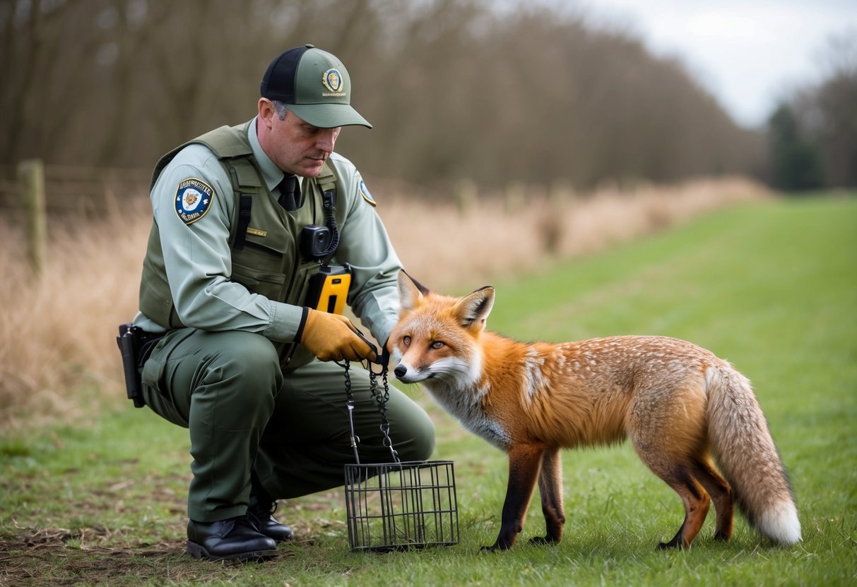 A professional wildlife control officer trapping a fox in a rural UK setting