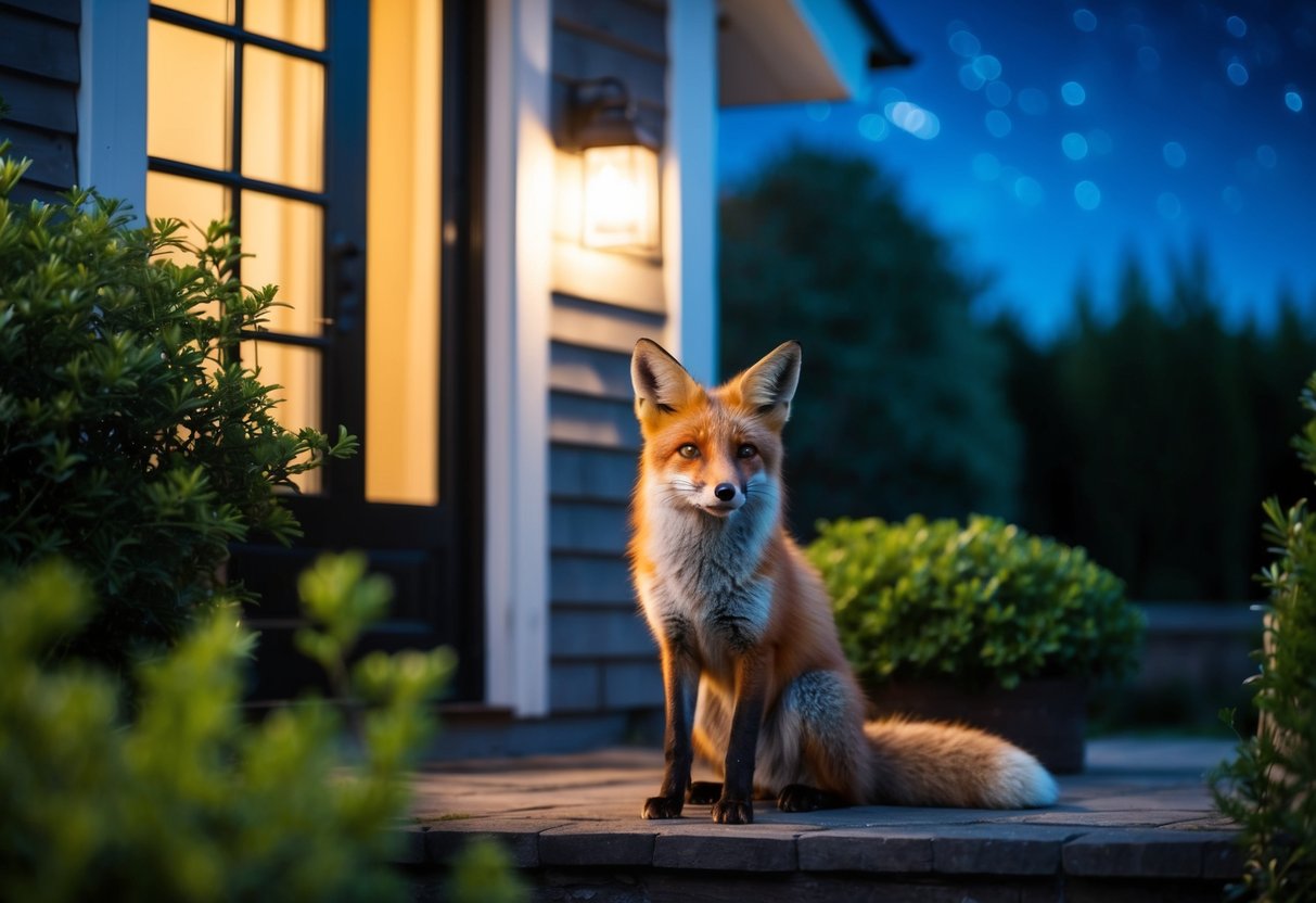 A fox sits outside a cozy, welcoming house with a lit window, surrounded by lush greenery and a peaceful nighttime sky