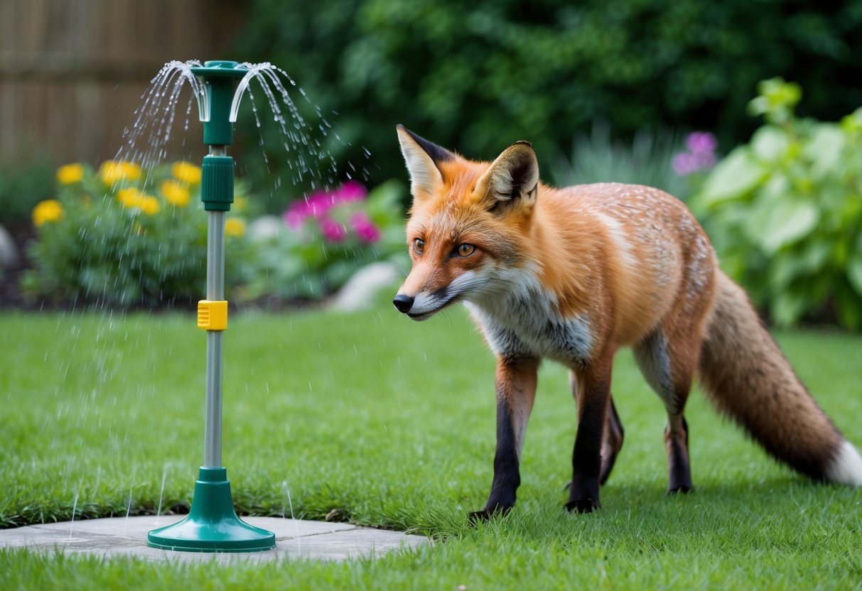 A fox is deterred by a motion-activated sprinkler near a garden of non-toxic plants