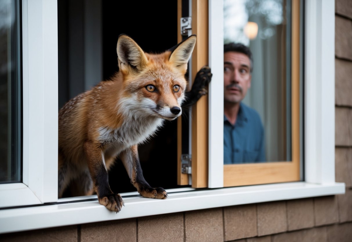A curious fox peers through a window, pawing at a door, while a puzzled homeowner looks on from inside