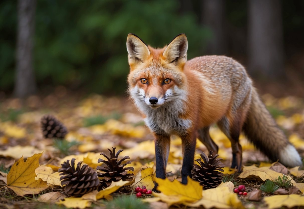 A red fox surrounded by fallen leaves, pinecones, and berries