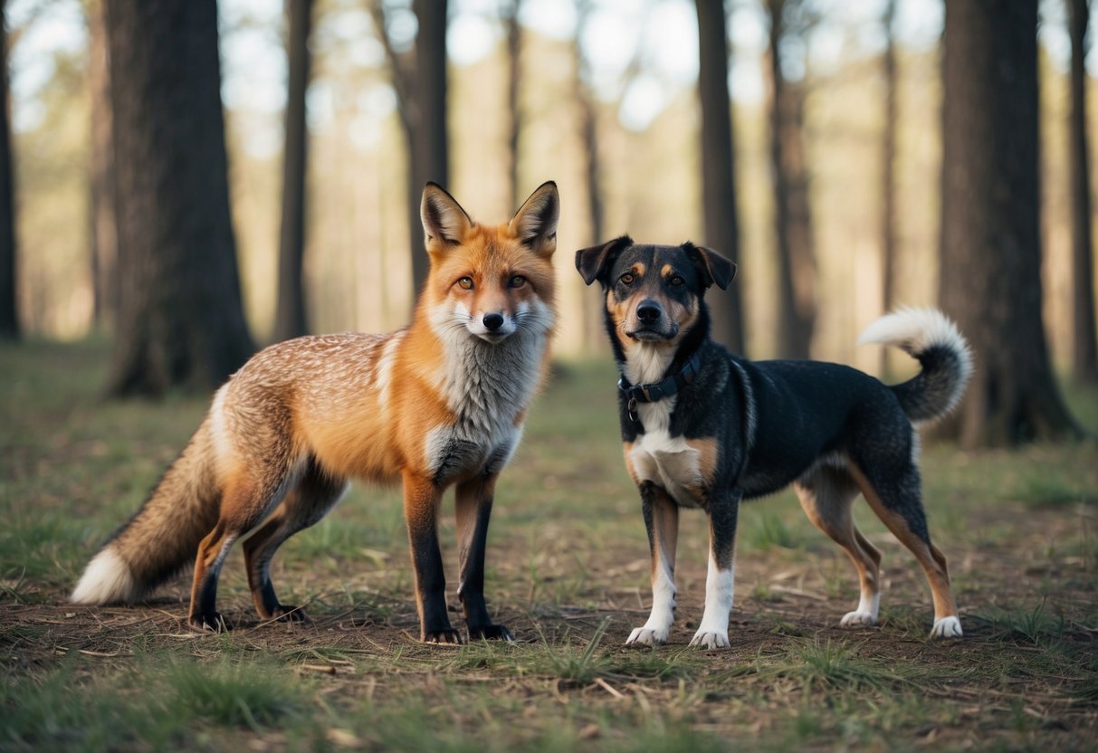 A fox and a dog stand side by side in a peaceful forest clearing, symbolizing the coexistence of different species in a harmonious natural environment