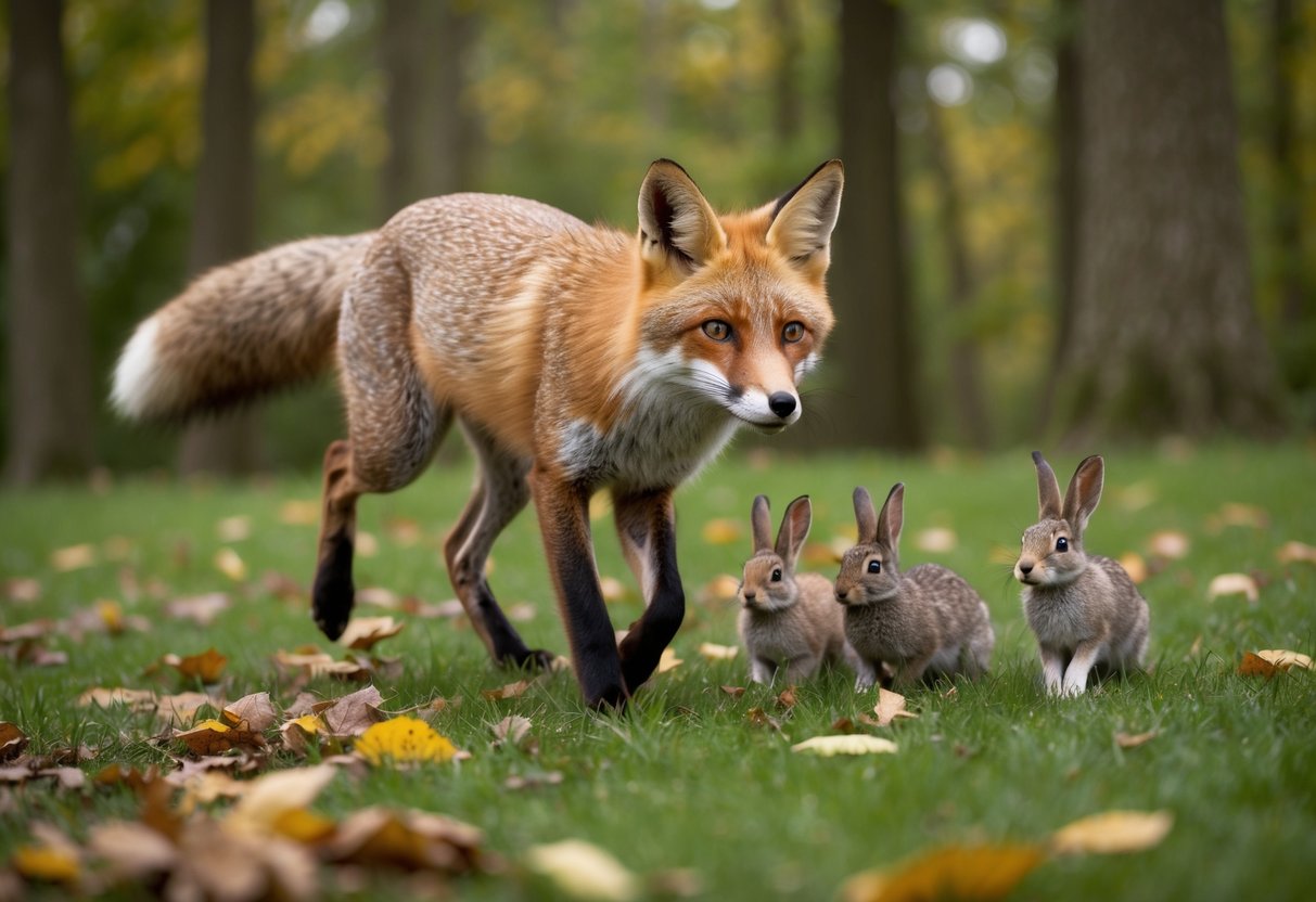 A fox prowls through a lush forest, its keen eyes fixed on a small group of rabbits. Fallen leaves crunch under its paws as it stalks its prey, its sleek red fur blending seamlessly with the autumn foliage