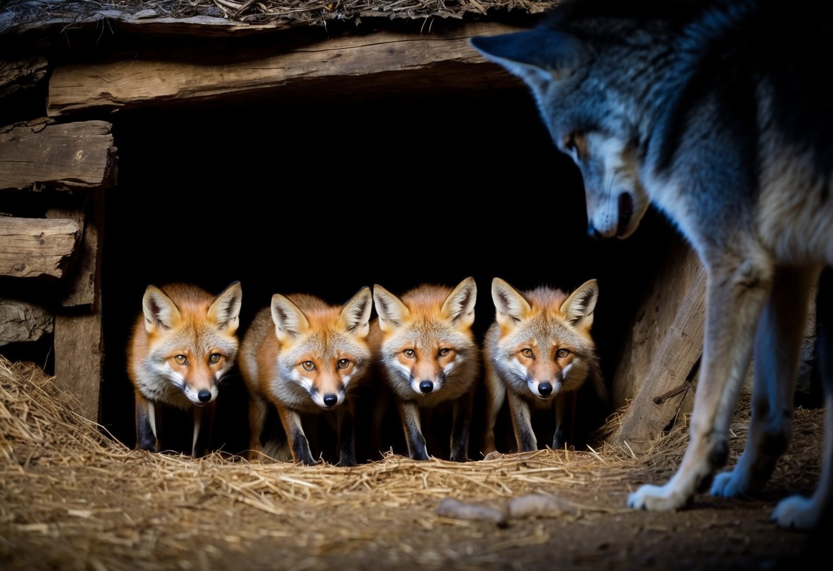 A group of foxes cower in their den as a looming shadow of a wolf falls across the entrance