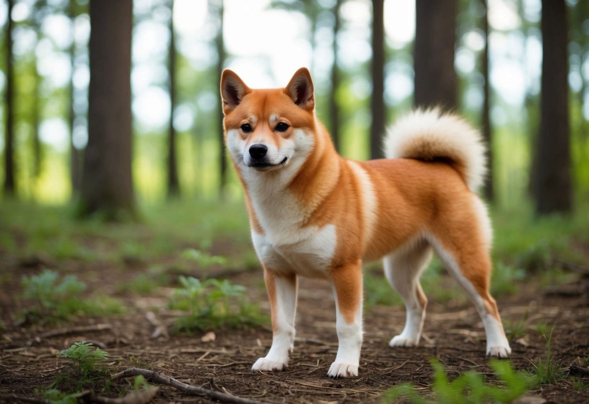 A red Shiba Inu dog stands in a forest clearing, resembling a fox with its pointed ears and bushy tail
