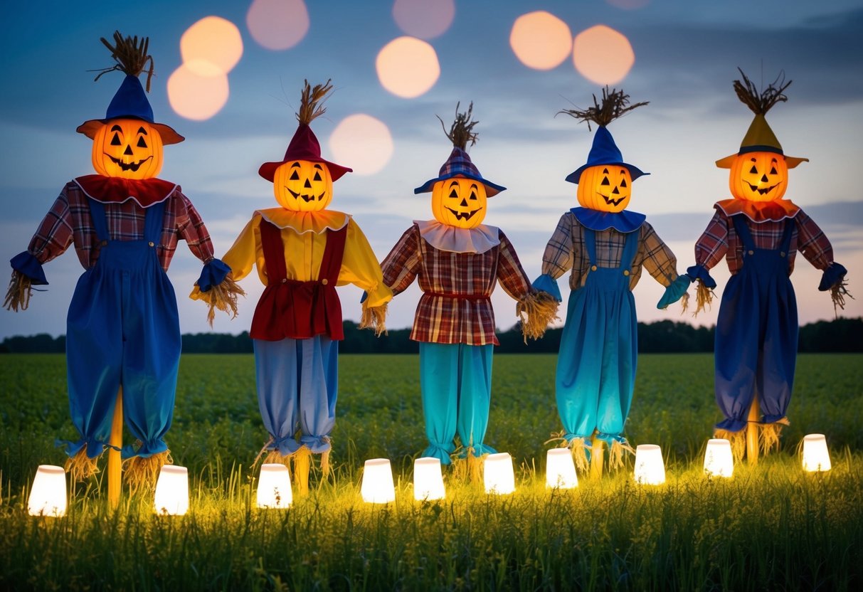 A group of scarecrows standing tall in a field, surrounded by bright lights and loud noises to scare away foxes