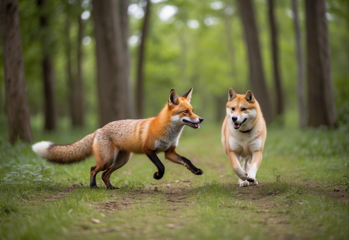 A red fox and a Shiba Inu dog playfully chase each other through a forest, highlighting their genetic similarities and differences