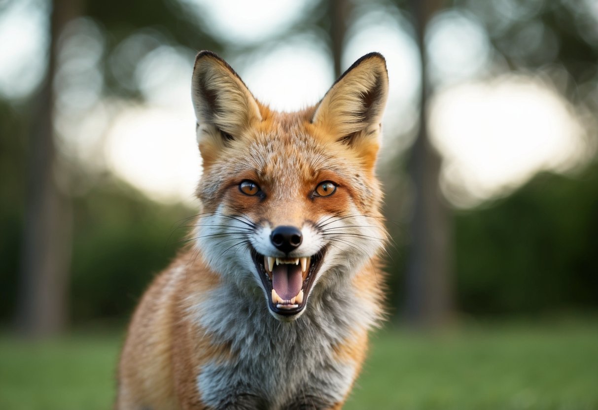 A fox snarls, baring its teeth in a defensive stance