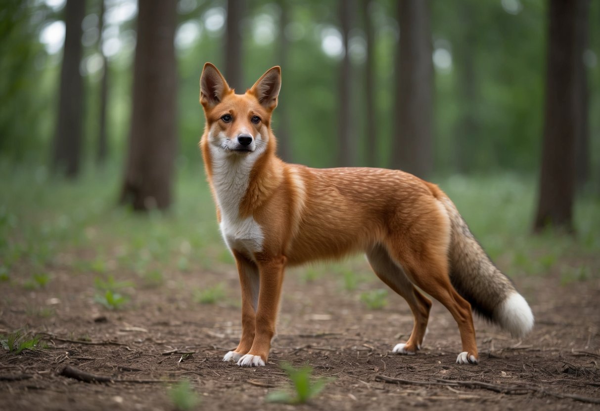 A sleek, red-coated dog with a bushy tail and pointed ears stands alert in a forest clearing, resembling a fox in both appearance and behavior