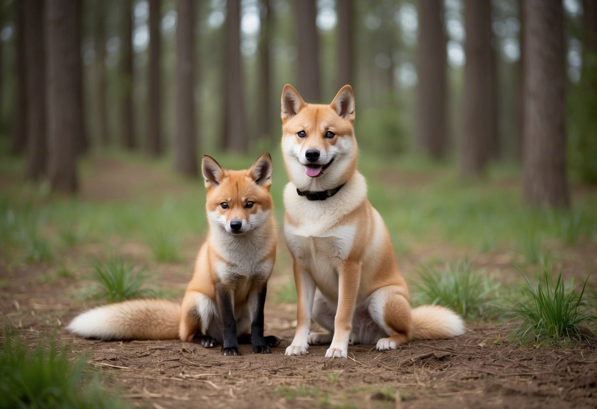 A Shiba Inu dog sitting next to a red fox in a forest clearing