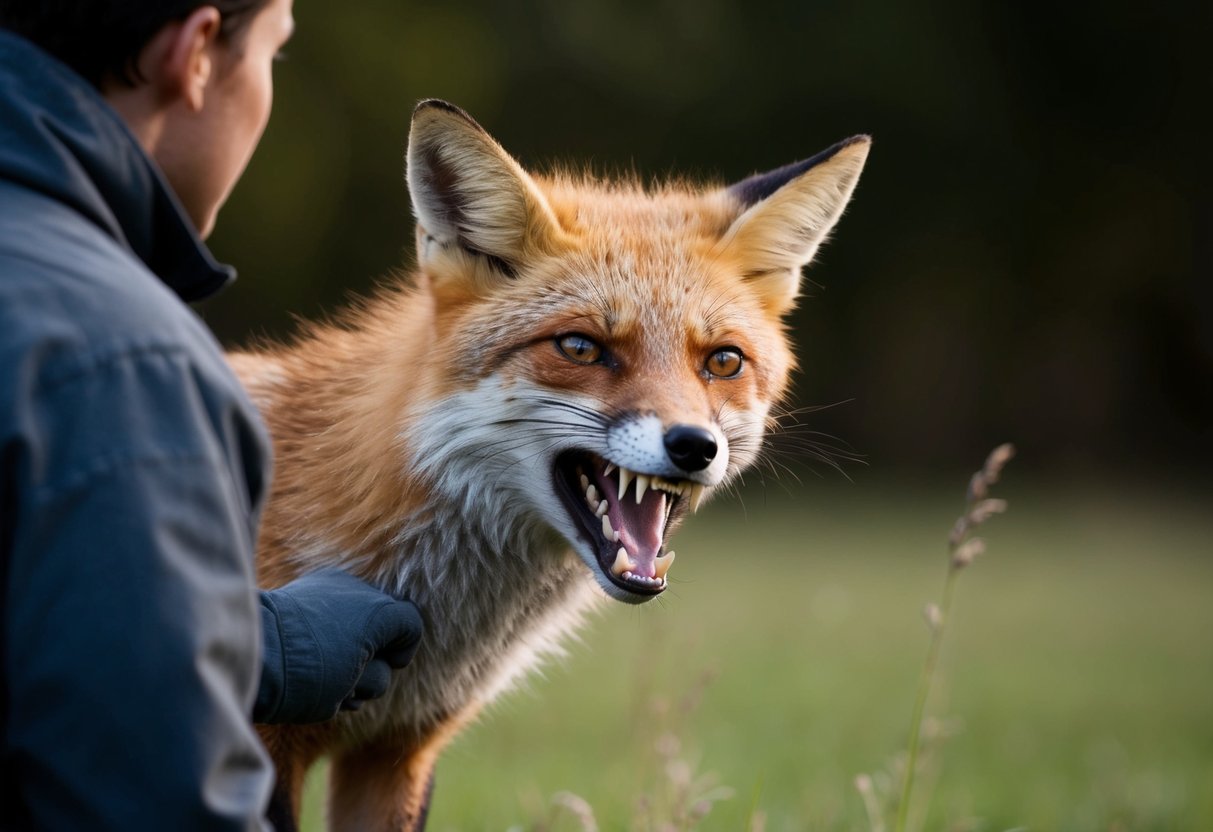 A fox bares its teeth aggressively towards a person, displaying its potential for biting