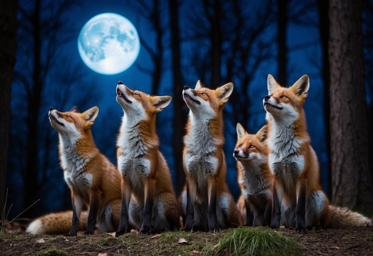 A group of foxes yipping and howling under the moonlit sky in a dense, dark forest