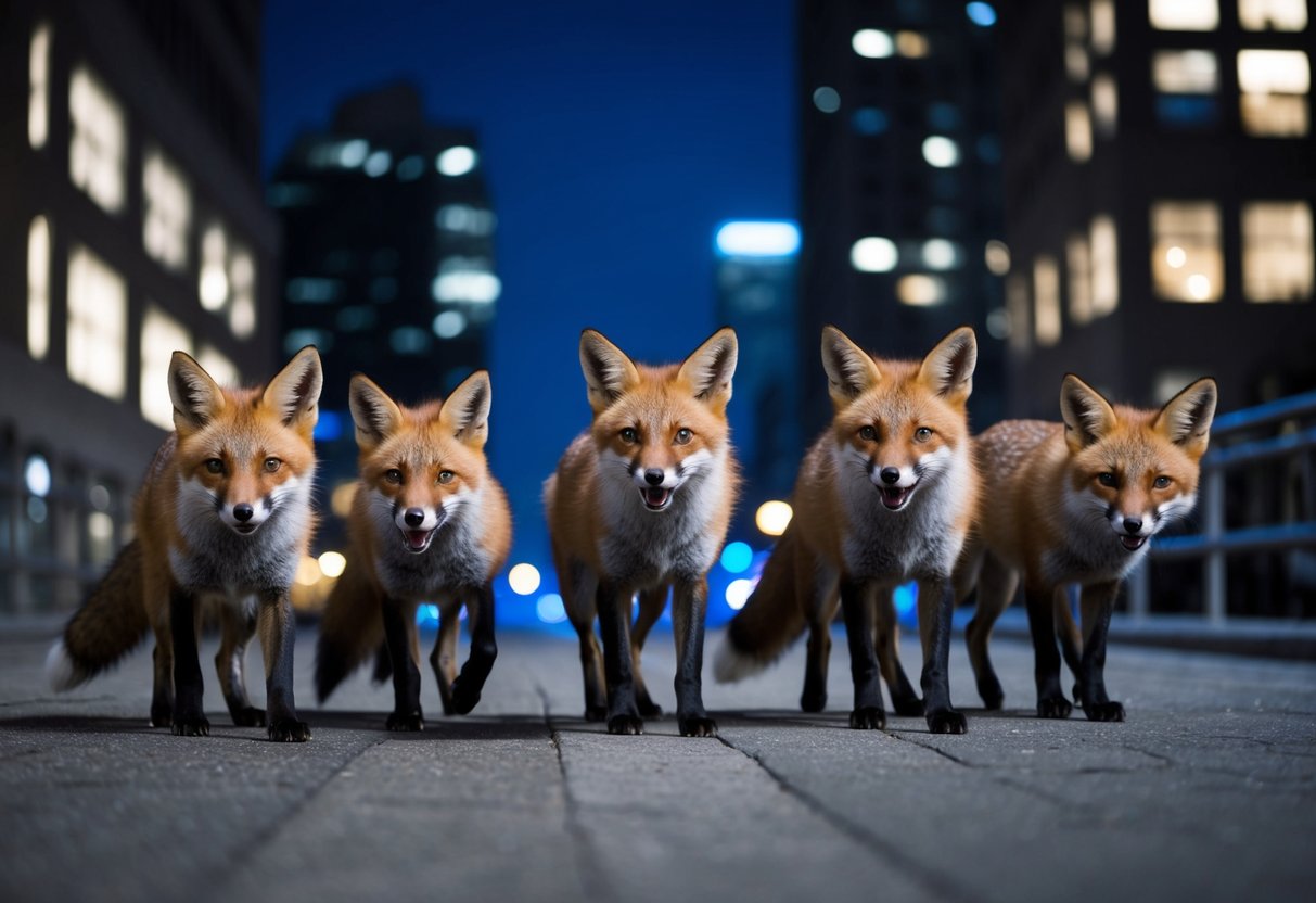 A group of foxes roam through a city at night, their sharp yips and barks echoing off the buildings as they communicate with each other