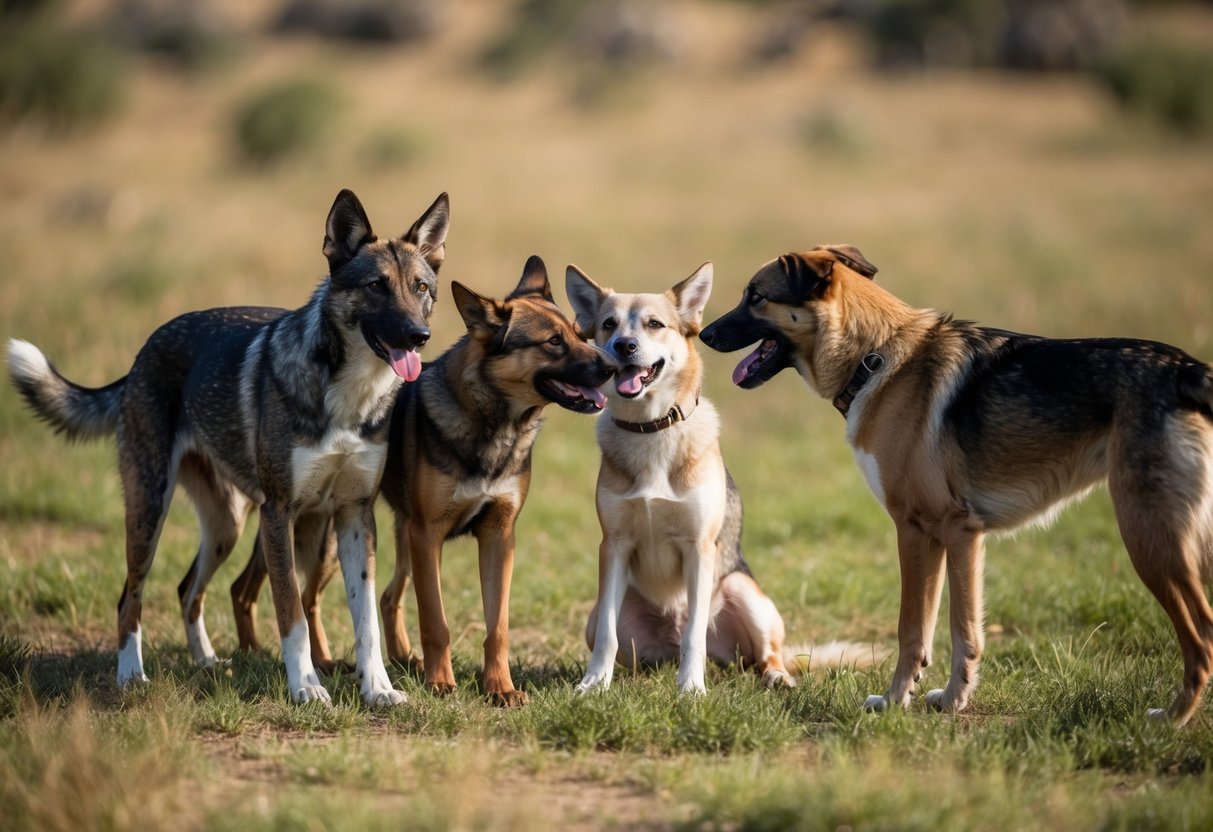 A pack of wild dogs and domestic dogs interacting in a natural setting