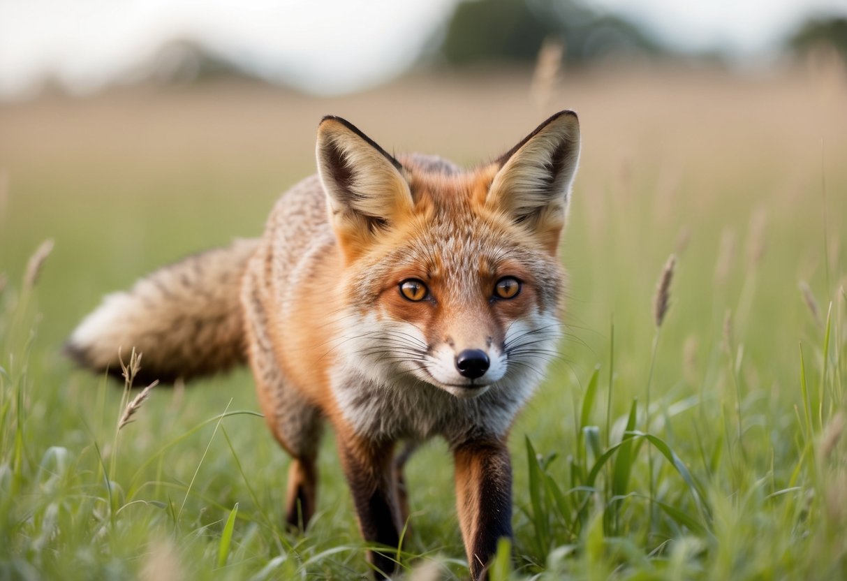 A fox with a sly expression sneaks through tall grass, eyes fixed on its target
