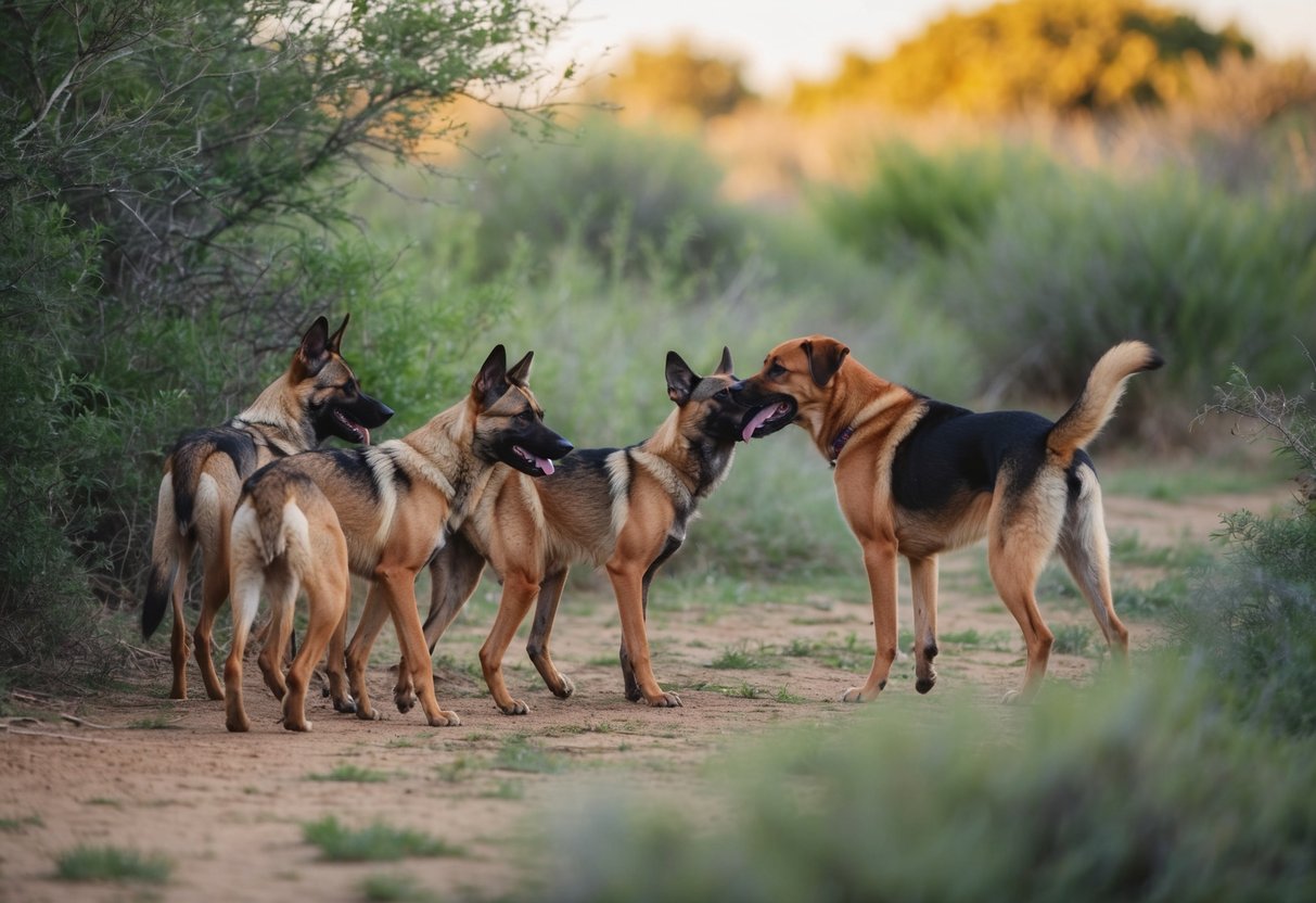 A pack of wild dogs and a domestic dog interact cautiously in a natural setting, surrounded by lush vegetation and wildlife