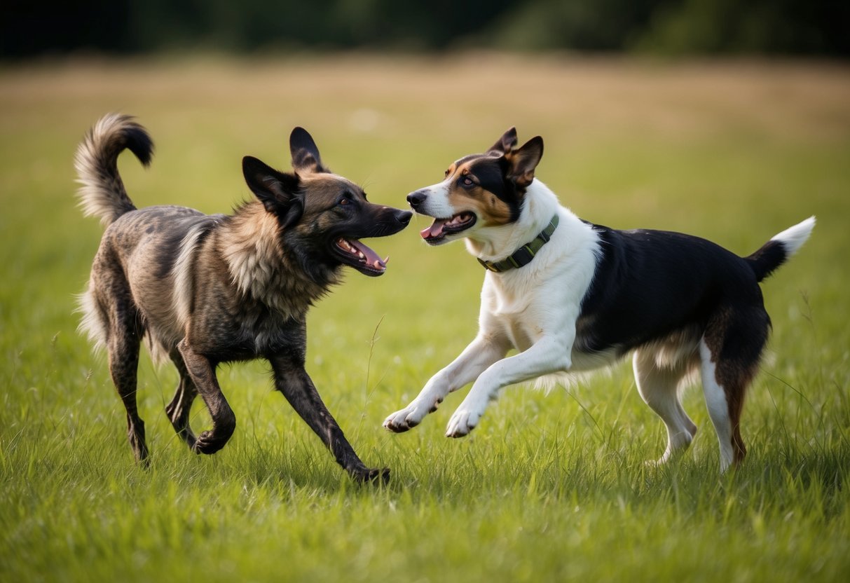 A wild dog and a domestic dog playfully interact in a grassy field, displaying affectionate behavior