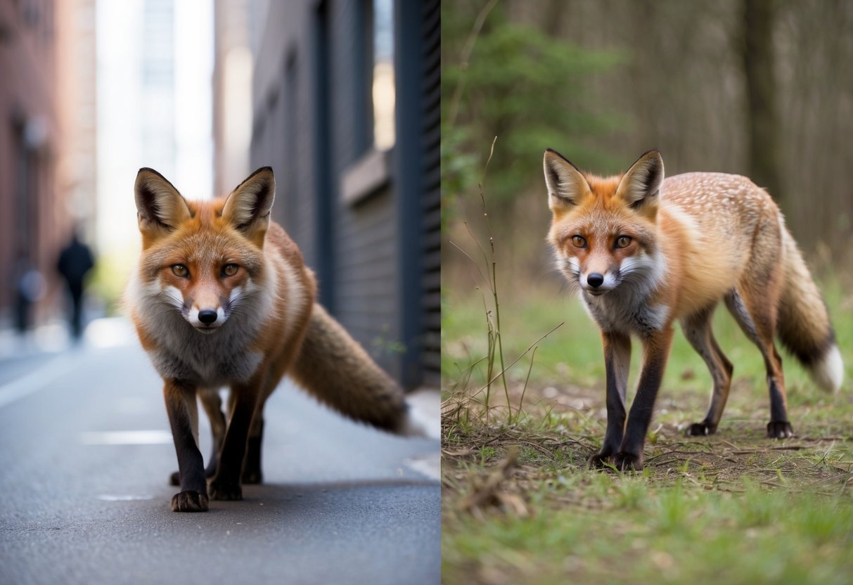 A fox sneaking through a city alley, contrasted with a fox hunting in a forest clearing