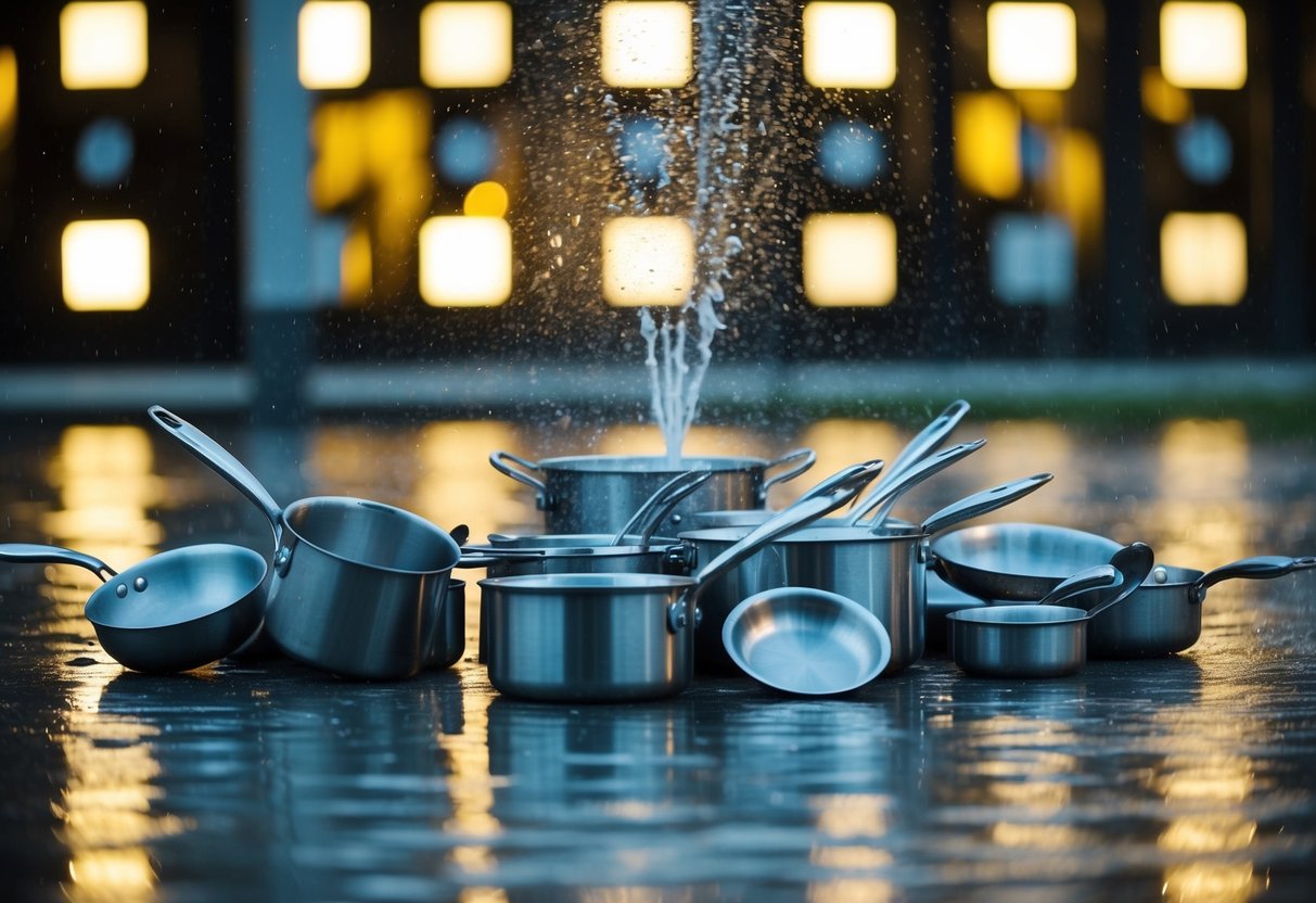 A group of loud, clanging pots and pans scattered on the ground, surrounded by flashing lights and a sprinkler spraying water