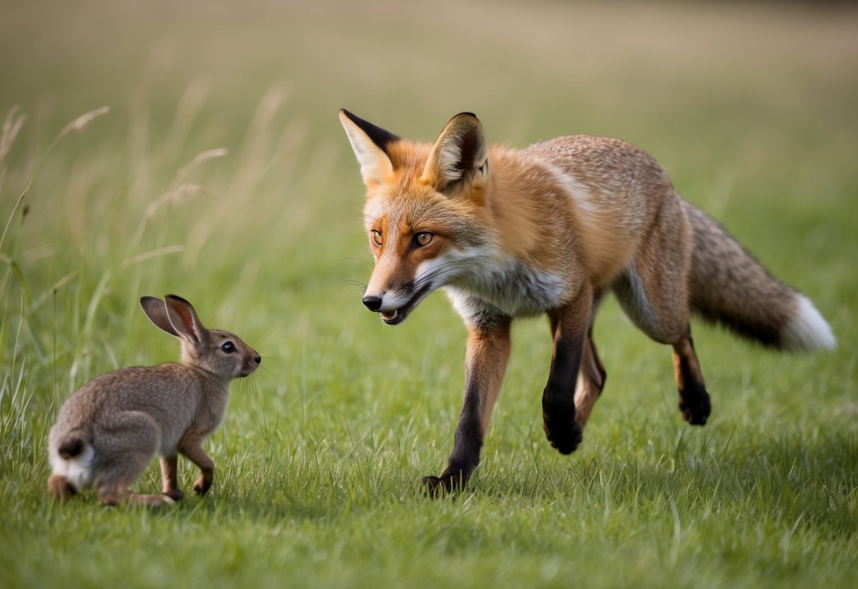 A fox stalks through tall grass, eyes fixed on a rabbit. It crouches low, then pounces with lightning speed