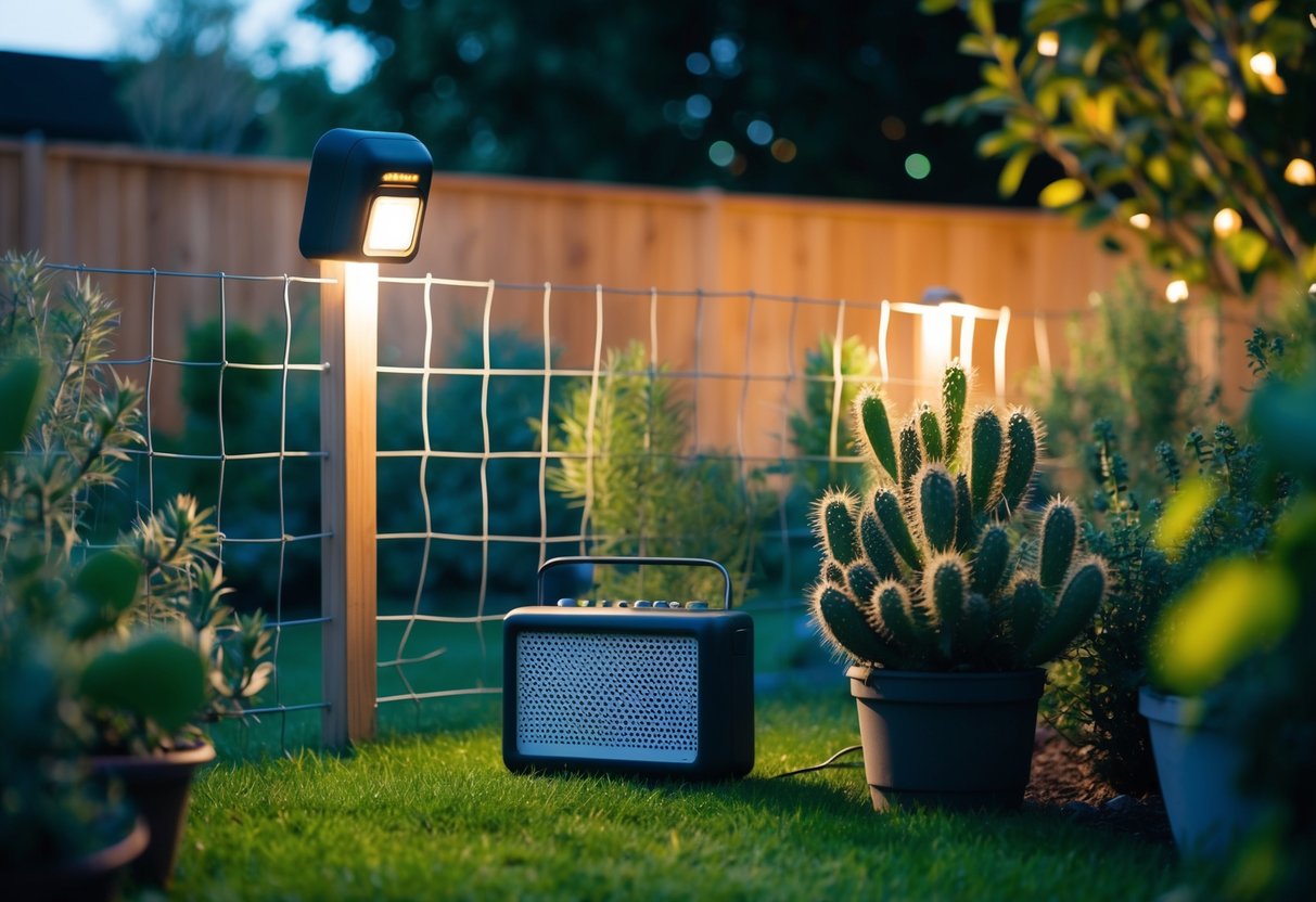 A garden with motion-activated lights, a fence with prickly plants, and a radio playing loud noises to deter foxes