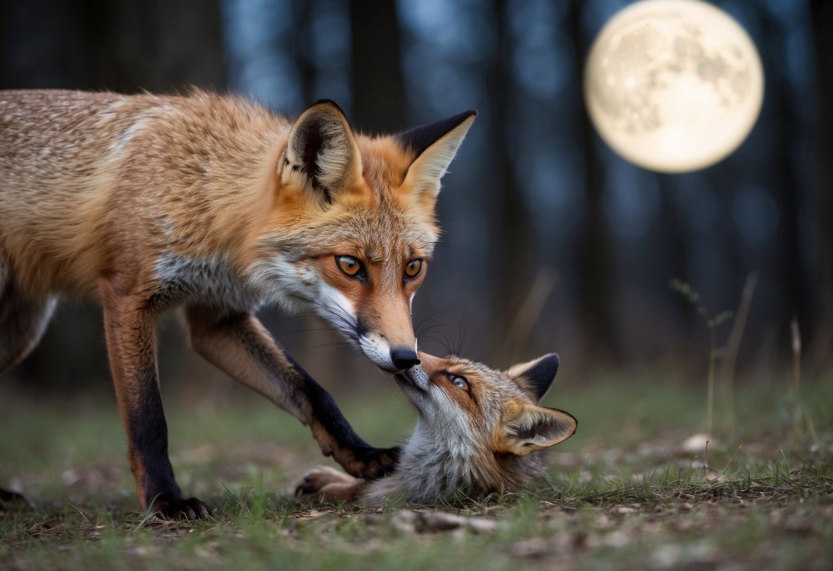 A sly fox with a mischievous glint in its eye, cunningly outwitting its prey in a moonlit forest clearing