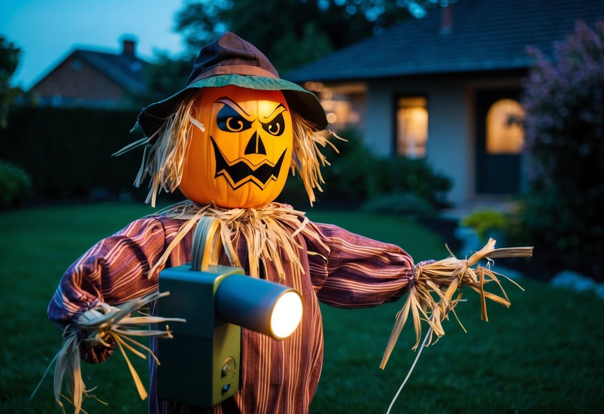 A scarecrow with a menacing expression and a motion-activated noise maker placed in a garden at dusk