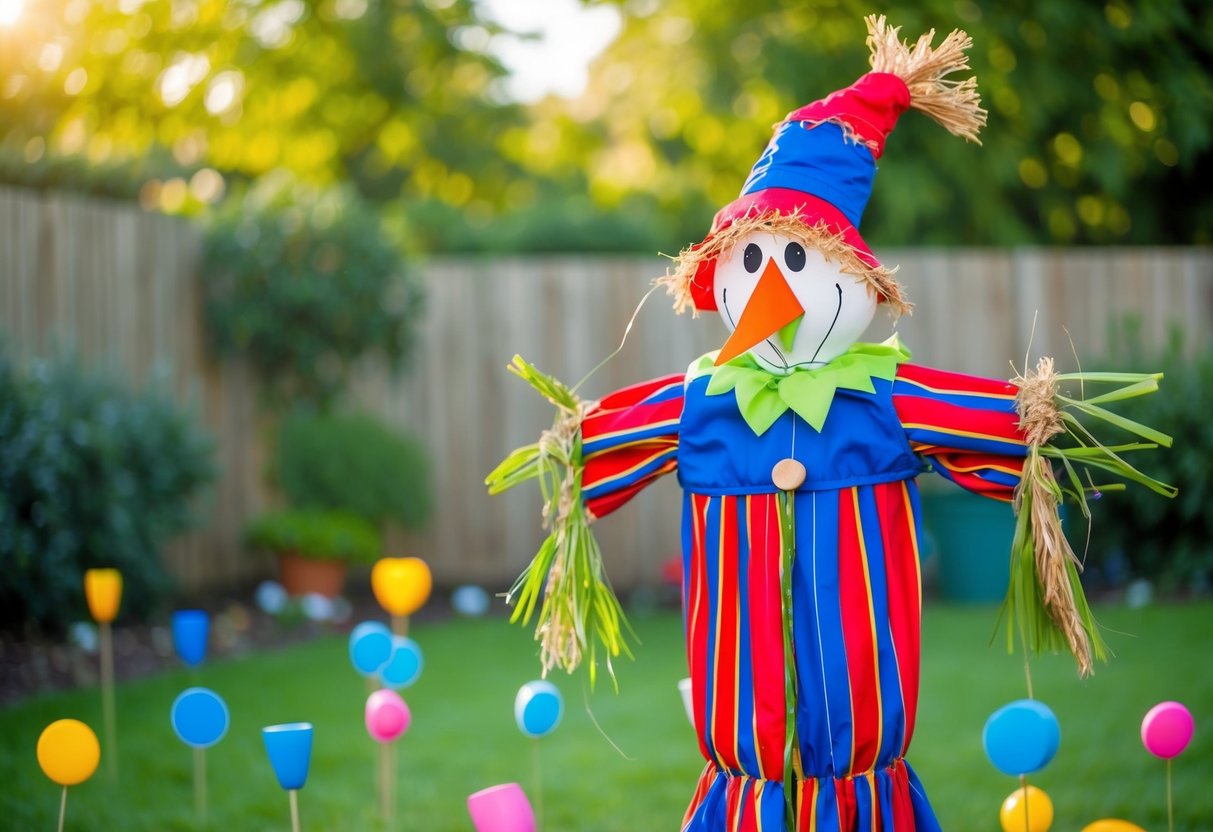 A scarecrow with bright colors and noise-making elements is placed in a garden to scare away foxes