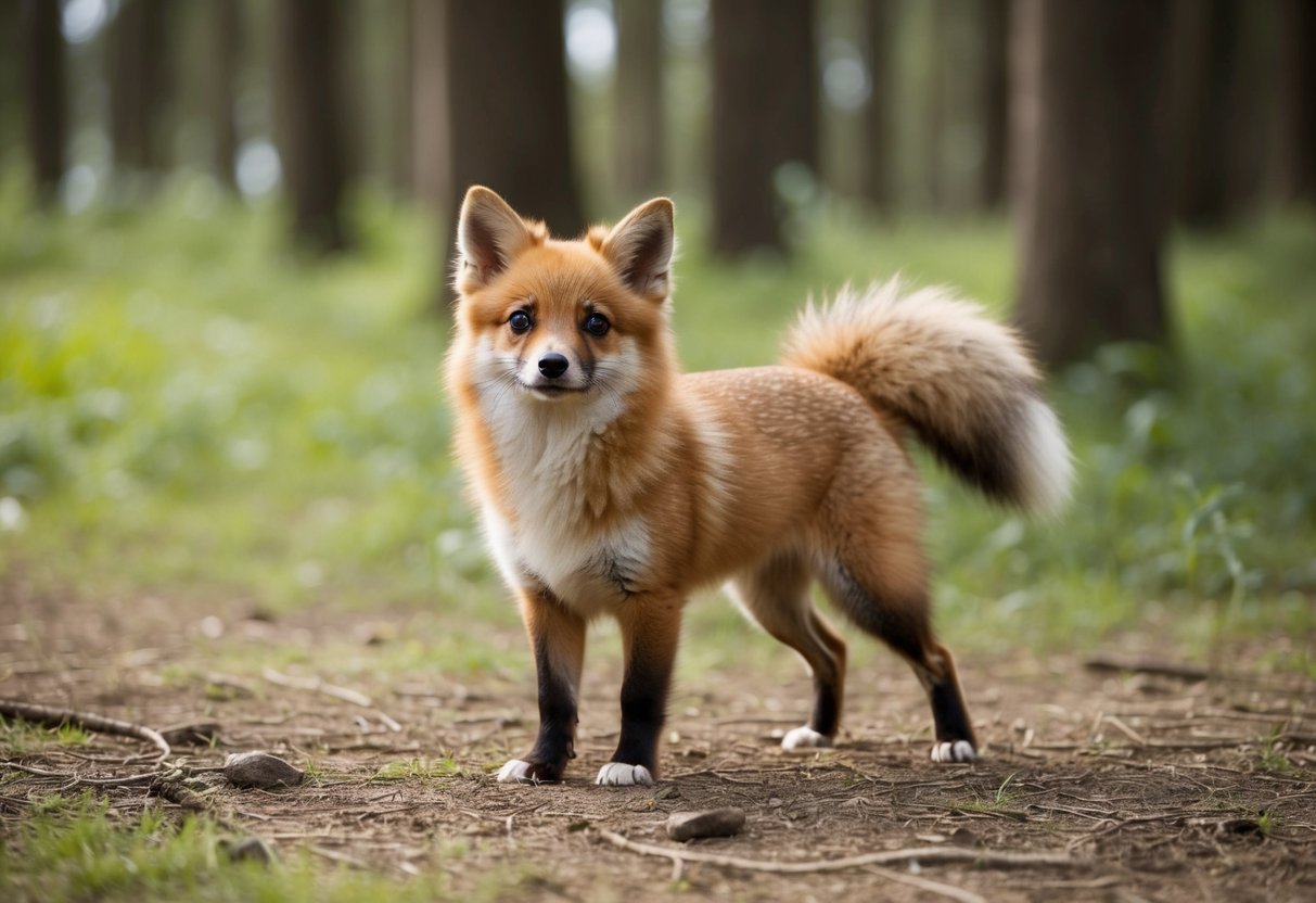 A small, fluffy animal with the body of a dog and the face and tail of a fox, standing in a forest clearing