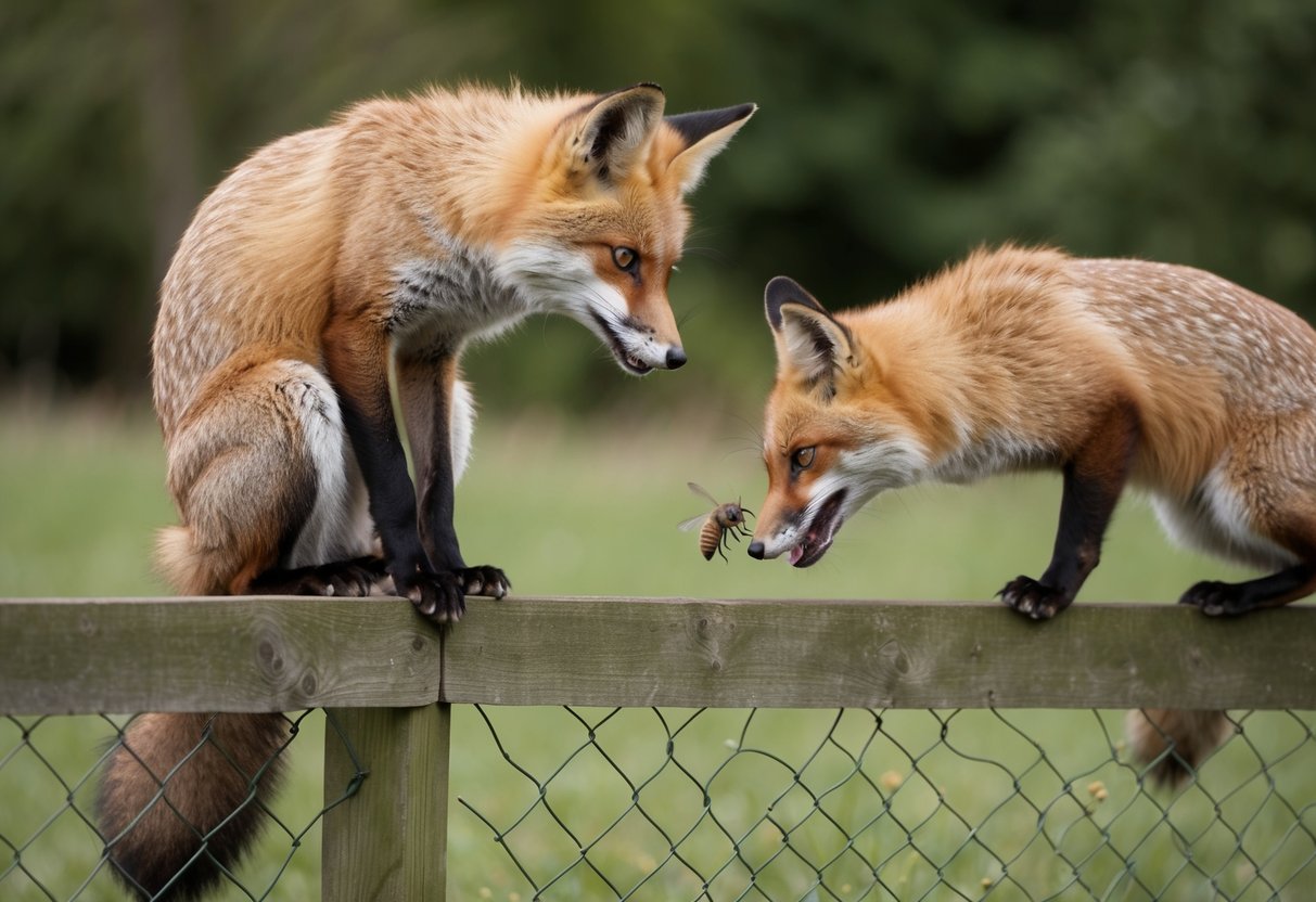 A fox perches on a fence, grooming itself like a cat, while another fox pounces on a small insect, displaying feline-like behavior