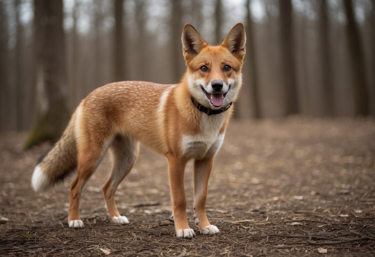 A dog-fox mix stands in a wooded clearing, with the sleek body and pointed ears of a fox, but the friendly face and wagging tail of a dog