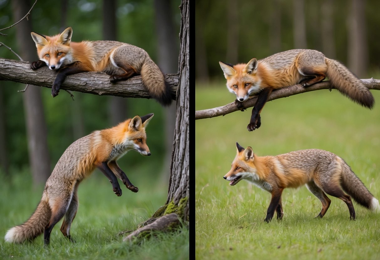 A fox lounges on a tree branch in a forest, while another hunts for prey in a grassy meadow. Both exhibit cat-like behavior, grooming and pouncing