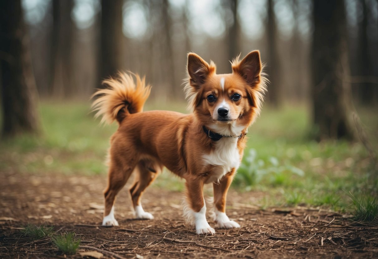 A small, agile dog with pointy ears and a bushy, orange coat stands alert in a wooded area, its eyes focused on something in the distance