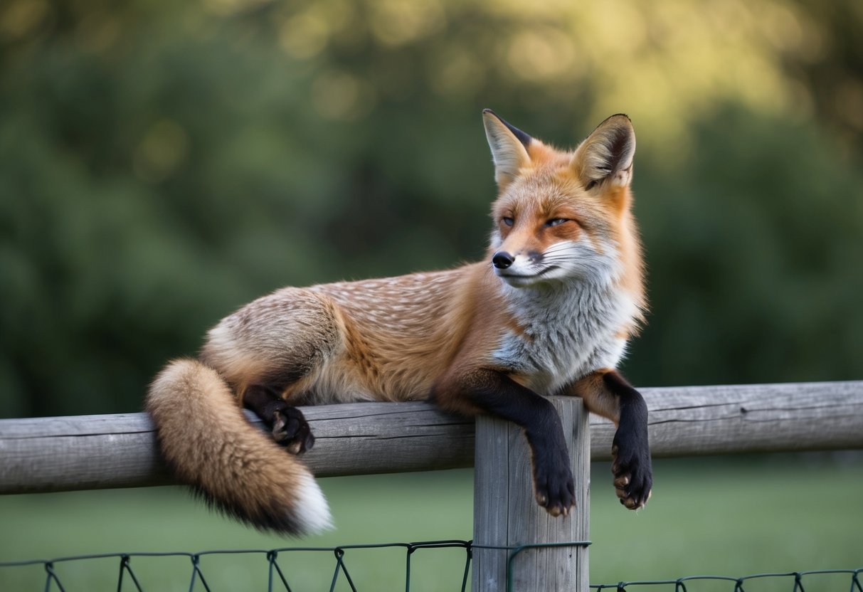 A fox lounges on a fence post, stretching like a cat with its eyes closed and tail curled around its body